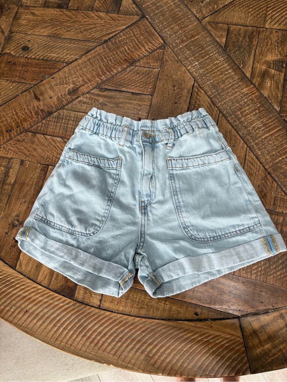 Zara Girls 11/12 Light Wash 100% Cotton Denim Paperbag Shorts High Waist